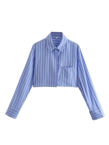 Women's blue striped cropped shirt with lapel collar and long sleeves on white background