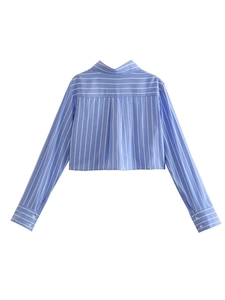 Back view of a cropped blue and white striped long-sleeve cotton shirt with a lapel collar