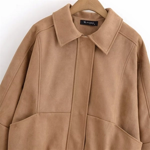 Veste tendance en daim kaki pour femmes avec col à revers et manches longues