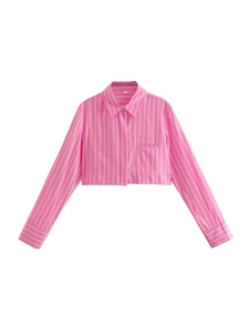 Pink and white striped cropped shirt for women with long sleeves and a lapel collar