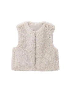 Damen Kunstfell-Weste in Creme mit Rundhalsausschnitt und weichem, flauschigem Langhaar
