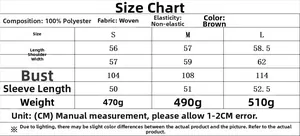 Size chart showing S to L dimensions, fabric specs, and weight for women's casual brown jacket