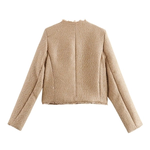 Rear view of brown tweed jacket featuring metallic fibers and frayed edge details
