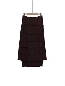 Women's summer tiered dark brown midi skirt featuring elegant layered ruffle design