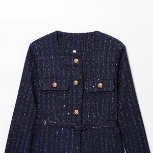 Navy blue tweed jacket for women featuring gold buttons and a waist belt in a loose fit