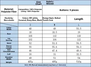 Detailed size chart for women's double-breasted belted trench coat in S, M, and L sizes