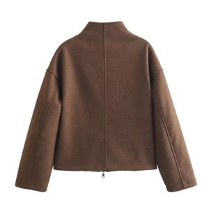 Detailed back view of a brown wool-like jacket featuring a stand collar and loose fit