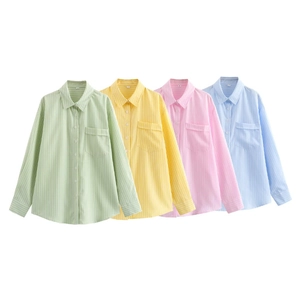 Women's Casual Striped Long Sleeve Shirt Loose Lapel Button Down Top With Front Pocket For Spring Summer Daily Streetwear
