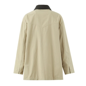 Detail view of khaki trench coat back with brown contrast collar and V-shaped stitching