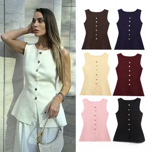 Detailed view of women's ribbed knit vest with gold buttons in seven diverse colors