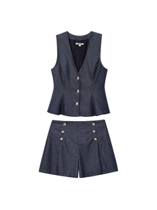 Women Casual Denim Look Peplum Vest And High Waist Shorts Top And Bottom Summer Sleeveless V-Neck Golden Buttons Slim Outfit