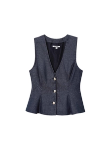 Slim fit dark blue denim vest featuring a deep V-neck and three silver buttons