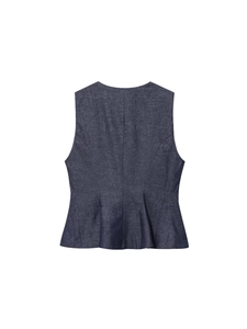 Women's chic dark blue sleeveless peplum top with waist-slimming fit and textured fabric