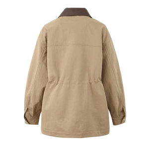 Detail of khaki trench coat back with brown collar, waist drawstring and seam texture