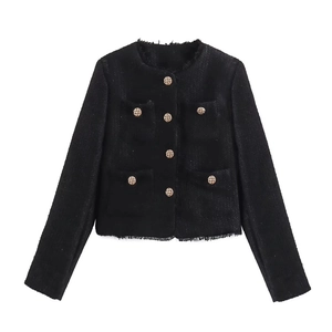 Women's black tweed jacket with gold buttons and fringe trim in French chic style
