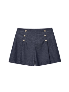 Women's dark blue high waist shorts with A-line cut and golden button decorative details