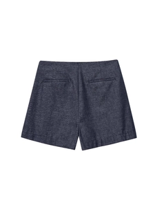 Navy blue high-waisted shorts with flat lay back view and minimalist rear pockets