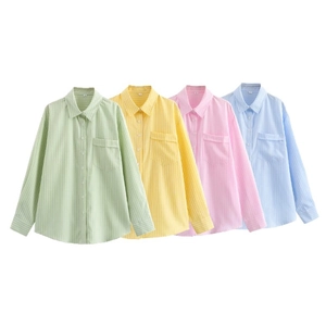 Summer striped long sleeve shirts with pocket in green, yellow, pink and blue colors