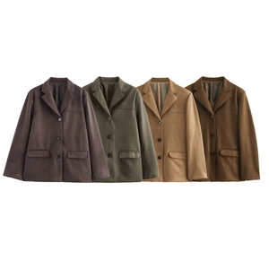 Detail of four faux suede single-breasted blazers in brown, olive, and khaki colors