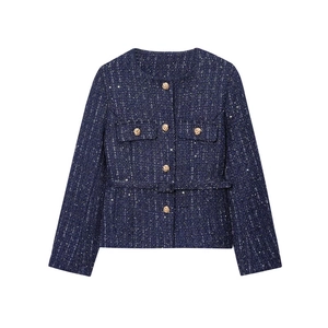 Navy blue tweed jacket with gold buttons and waist belt shown against white background
