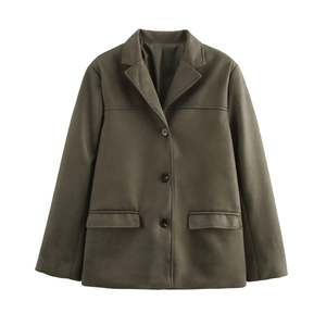 Deep olive faux suede blazer with single-breasted three buttons and flap pockets