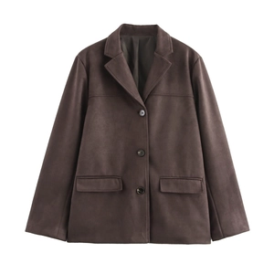 Detail of dark brown faux suede blazer with single-breasted three buttons and flap pockets