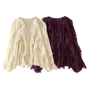 Dames Chiffon Blouse Met V-hals Gelaagde Ruches Lange Mouwen Knoopsluiting Casual Losse Tops Effen Kleur Elegant