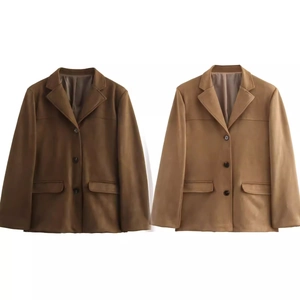 Detail view of brown and khaki suede blazers featuring a three-button front and flap pockets
