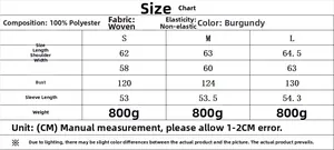 Size chart detail for burgundy polyester wool coat with measurements from S to L