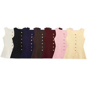 Slim knit vests with golden buttons displayed in seven colors including beige and navy