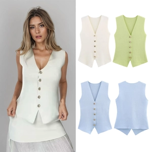 Detail view of V-neck sleeveless knit vests featuring a five-button front in three colors