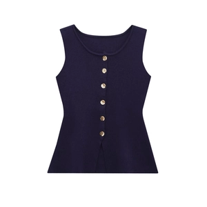 Detail of dark blue ribbed knit vest featuring six polished gold buttons on a crew neck style