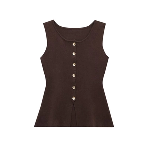 Detail of dark brown ribbed knit vest featuring elegant gold metal buttons on front