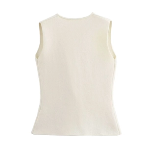 Rear view of off-white knitted vest showing premium slim fit texture and sleeveless cut
