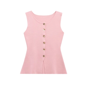 Close-up of the fine ribbed texture and gold button details on the pink knit vest top