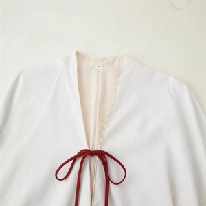 Summer casual V-neck embroidered kimono style short jacket with red tie closure