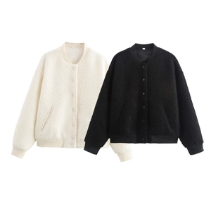 Veste En Molleton Sherpa Pour Femmes Col Varsity Bouton Pression Coupe Ample Décontracté Couleur Unie Manches Longues