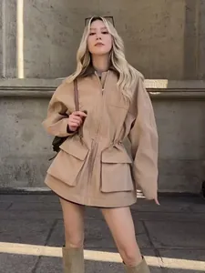 Women's Utility Trench Coat Contrast Leather Collar Drawstring Waist Long Sleeve Workwear Jacket Casual Fashion Windbreaker