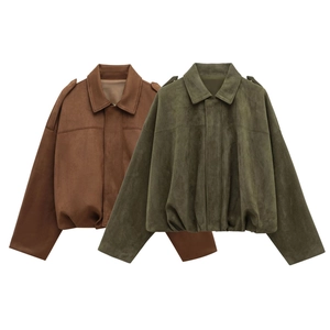 Flat lay of suede bomber jackets in brown and dark green colors with lapel details