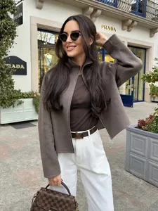 Women Loose Stand Collar Zipper Woolen Jacket Solid Color Dark Brown Long Sleeve Casual Streetwear Outerwear Top