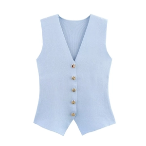 Detail of light blue V-neck knit vest with five premium golden metal buttons
