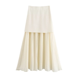 Close-up of beige layered maxi skirt featuring a pleated hem and textured fabric