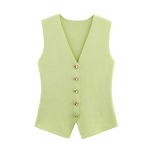 Detailed view of mint green V-neck knit vest featuring five premium gold buttons