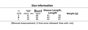 Detailed size chart for V-neck blazer and trousers set in centimeters showing S-L dimensions