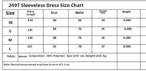 Size chart for sleeveless maxi dress with detailed measurements in centimeters and kg