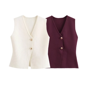 Détail de gilets en maille à col en V en beige et violet avec boutons dorés chics