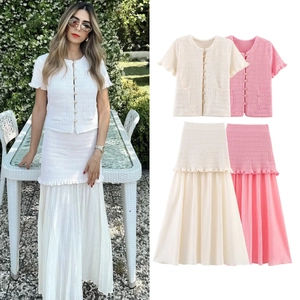 Ensemble Décontracté Femme Élégant Top en Tricot Manches Courtes Et Jupe Plissée Patchwork pour Été Rendez-vous Fête