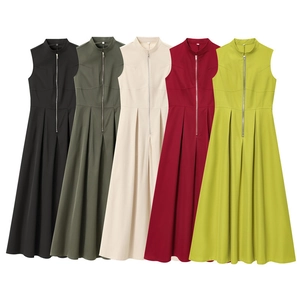 Elegant Women Sleeveless Stand Collar Zipper Midi Dress Minimalist Pleated A-Line Solid Color Summer Office Party Dress