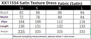 Guide des tailles détaillé pour robe en satin avec mesures de poitrine et de taille