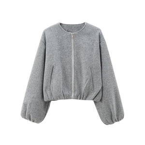 Close-up of premium gray soft wool bomber jacket with metallic zipper detail